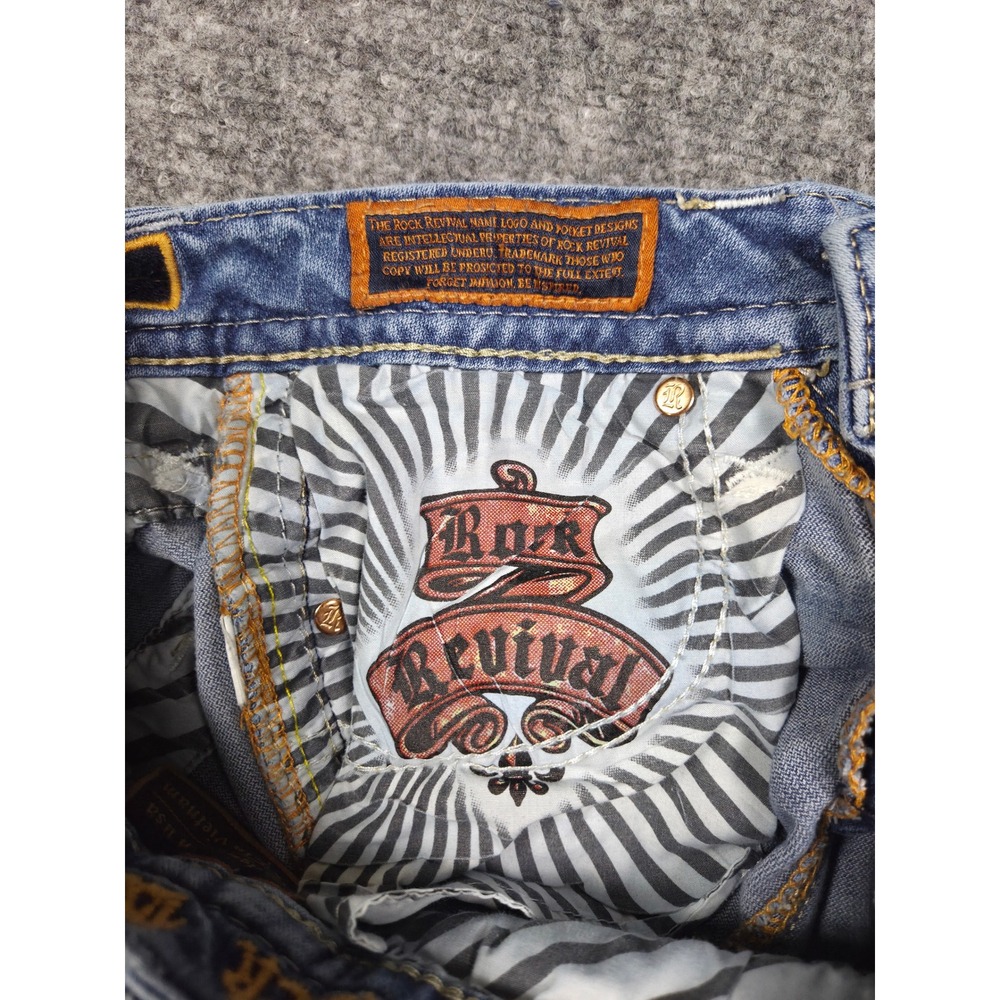 Rock Revival Lang Bootcut Jeans Womens 26 Blue Distressed Mid Rise Thick Stitch - Picture 4 of 13